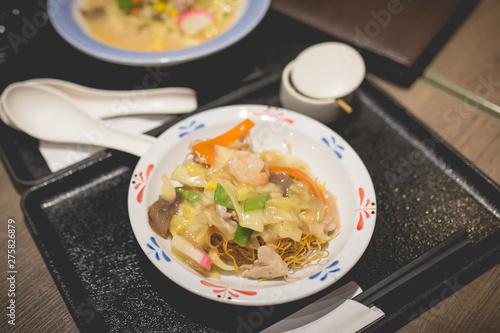 Seafood sara udon japanese cuisine. Traditional Nagasaki fried noodle