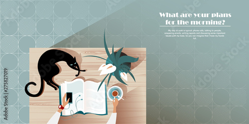 Girl with a book drinks morning coffee. Top view vector mockup for a layout landing page or design advertising leaflet.