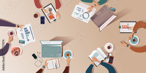 The working surface of a desk at the morning meeting. Top view vector mockup for a layout landing page or design advertising leaflet