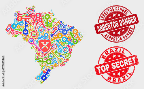 Firewall Brazil map and stamps. Red rounded Top Secret and Asbestos Danger scratched seal stamps. Colorful Brazil map mosaic of different guard symbols. Vector collage for security purposes.