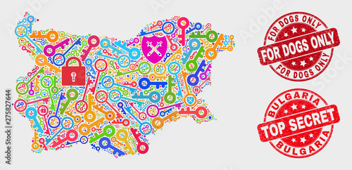 Privacy Bulgaria map and seal stamps. Red round Top Secret and For Dogs Only distress stamps. Colored Bulgaria map mosaic of different keeper icons. Vector combination for guard purposes.