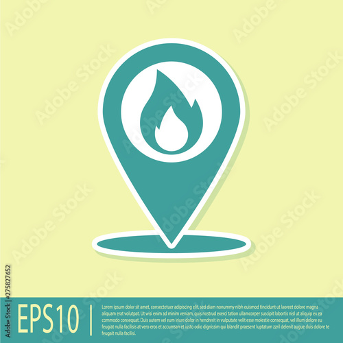 Green Map pointer with fire flame icon isolated on yellow background. Fire nearby. Vector Illustration