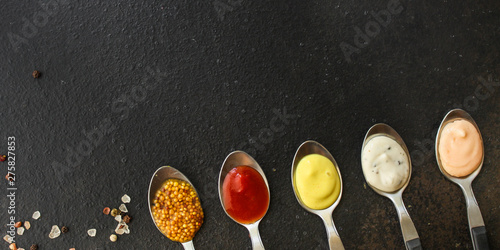 sauces, portion serving (ingredient to dish). Top view. copy space