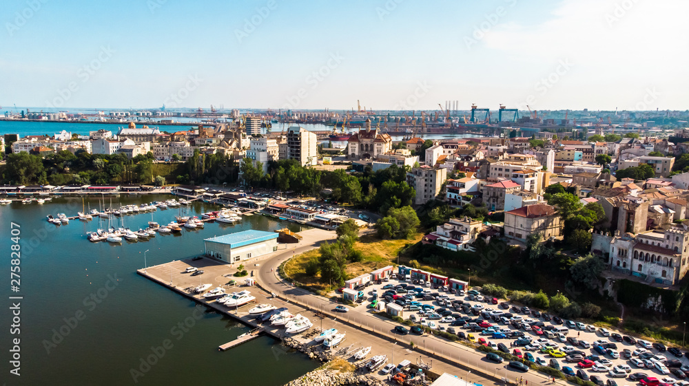 Aerial view of port and old town in Constanta, tourist and industrial town and popular resort in Romania.