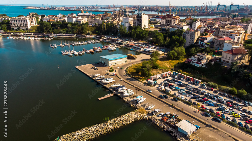 Obraz premium Aerial view of port and old town in Constanta, tourist and industrial town and popular resort in Romania.
