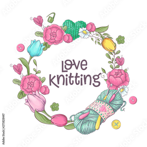 Set for handmade logo template, elements and accessories for crocheting and knitting.