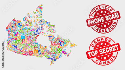 Passkey Canada map and watermarks. Red round Top Secret and Phone Scam textured watermarks. Colored Canada map mosaic of different shield icons. Vector combination for safety purposes.