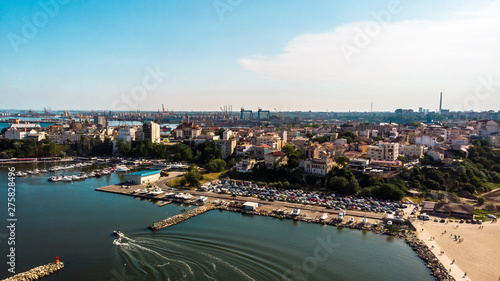 Aerial view of port and old town in Constanta, tourist and industrial town and popular resort in Romania.