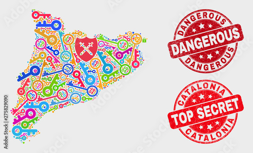 Firewall Catalonia map and stamps. Red round Top Secret and Dangerous textured stamps. Colorful Catalonia map mosaic of different keeper elements. Vector composition for security purposes.