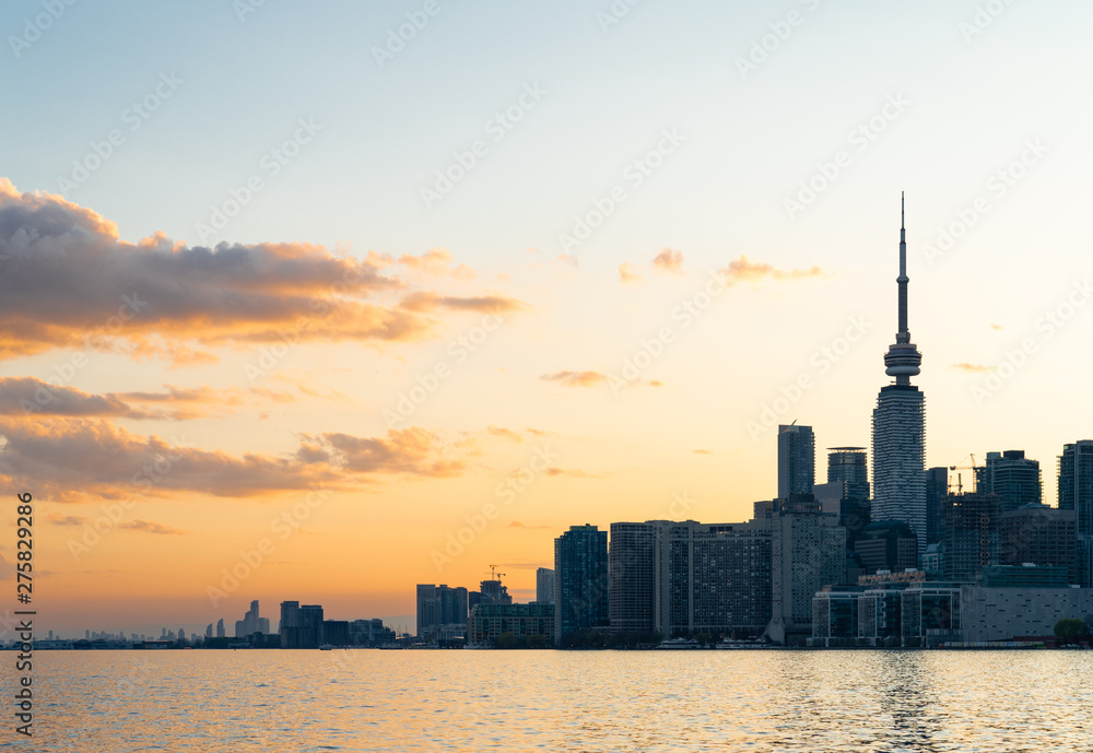 Toronto waterfront skyline looking west at sunset