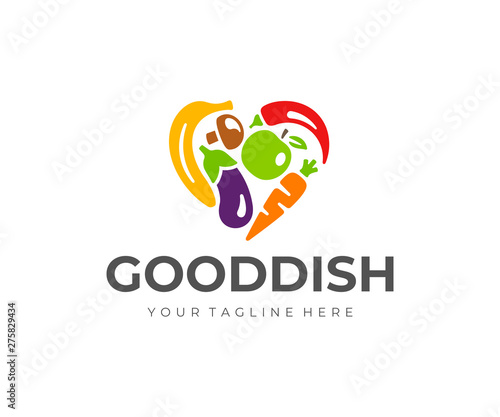 Vegetables and fruit heart logo design. Raw food vector design. Vegetarian food logotype