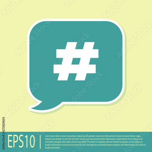 Green Hashtag speech bubble icon isolated on yellow background. Concept of number sign, social media marketing, micro blogging. Vector Illustration