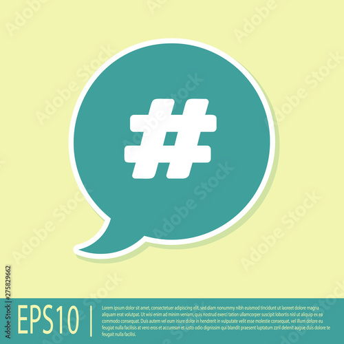 Green Hashtag speech bubble icon isolated on yellow background. Concept of number sign, social media marketing, micro blogging. Vector Illustration