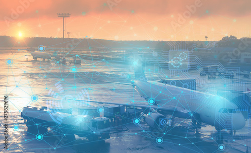 preflight preparation of the aircraft for departure. Conceptual representation of the use of modern technology and artificial intelligence to prepare the aircraft without human intervention