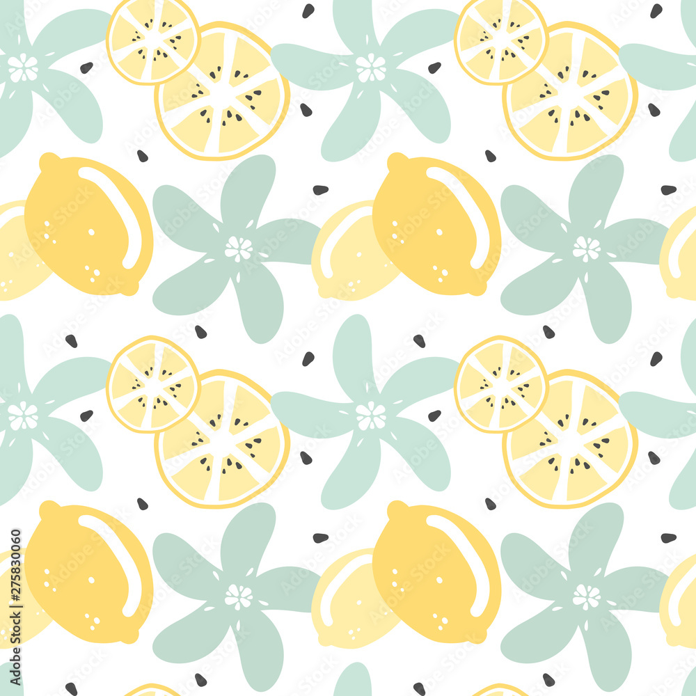 cute modern summer seamless vector pattern background illustration with  lemon, lemon slice, seeds and flowers Stock Vector