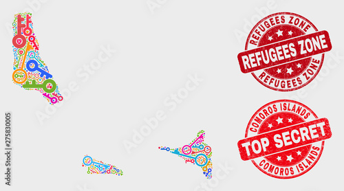Safeguard Comoros Islands map and seal stamps. Red round Top Secret and Refugees Zone grunge seal stamps. Colored Comoros Islands map mosaic of different passkey items.