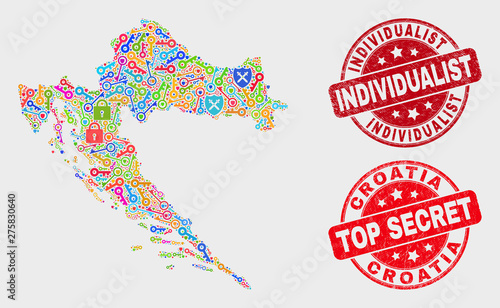 Safeguard Croatia map and watermarks. Red round Top Secret and Individualist distress watermarks. Colorful Croatia map mosaic of different registration symbols. Vector collage for keeping purposes.