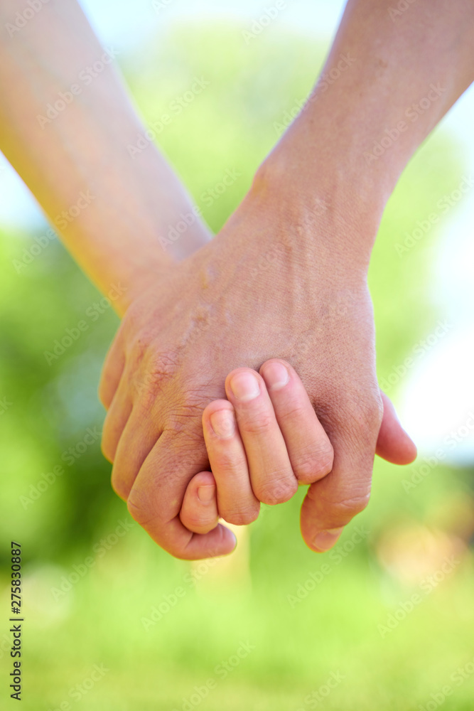 Couple holding hands and walking in sunny summer weather. Concept of close and trusting relationships. Happy young family Couple holding hands and walking in sunny summer weather. Concept of close and trusting relationships. Happy young family