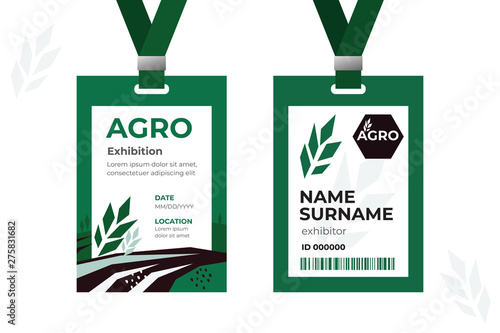 Vector template of ID card with strap. Design identity card for agricultural exhibition or business conference. Illustration of farming with field and wheat. Agro logo. Two sided authentication pass.