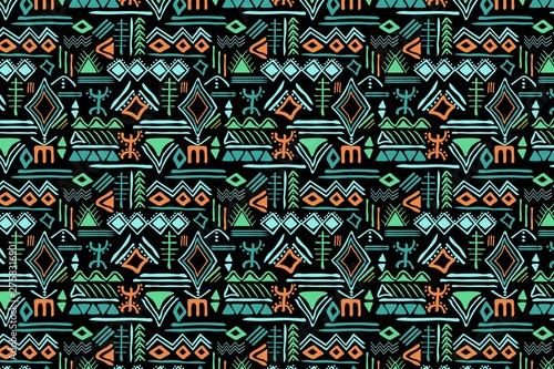 Tribal seamless pattern with archaic geometric ornament. Primitive ethnic style with hand drawn endless borders. Happy colorful color palette,vector illustration.