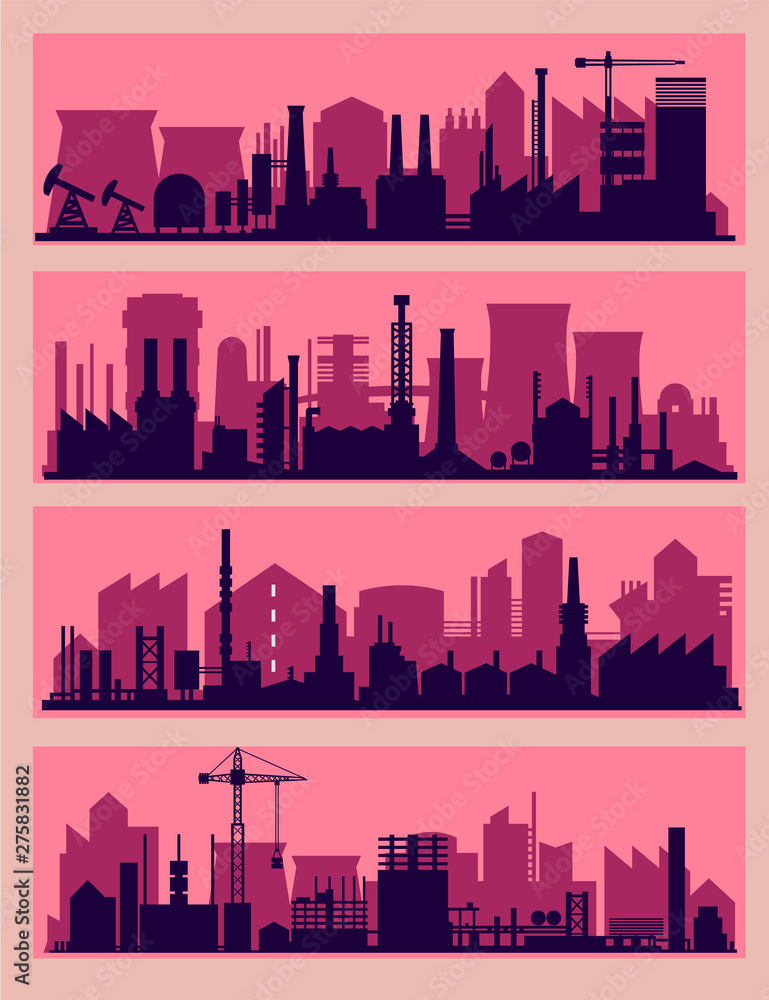 Vector horizontal banners with industrial part of city. Factories, refineries and power plants
