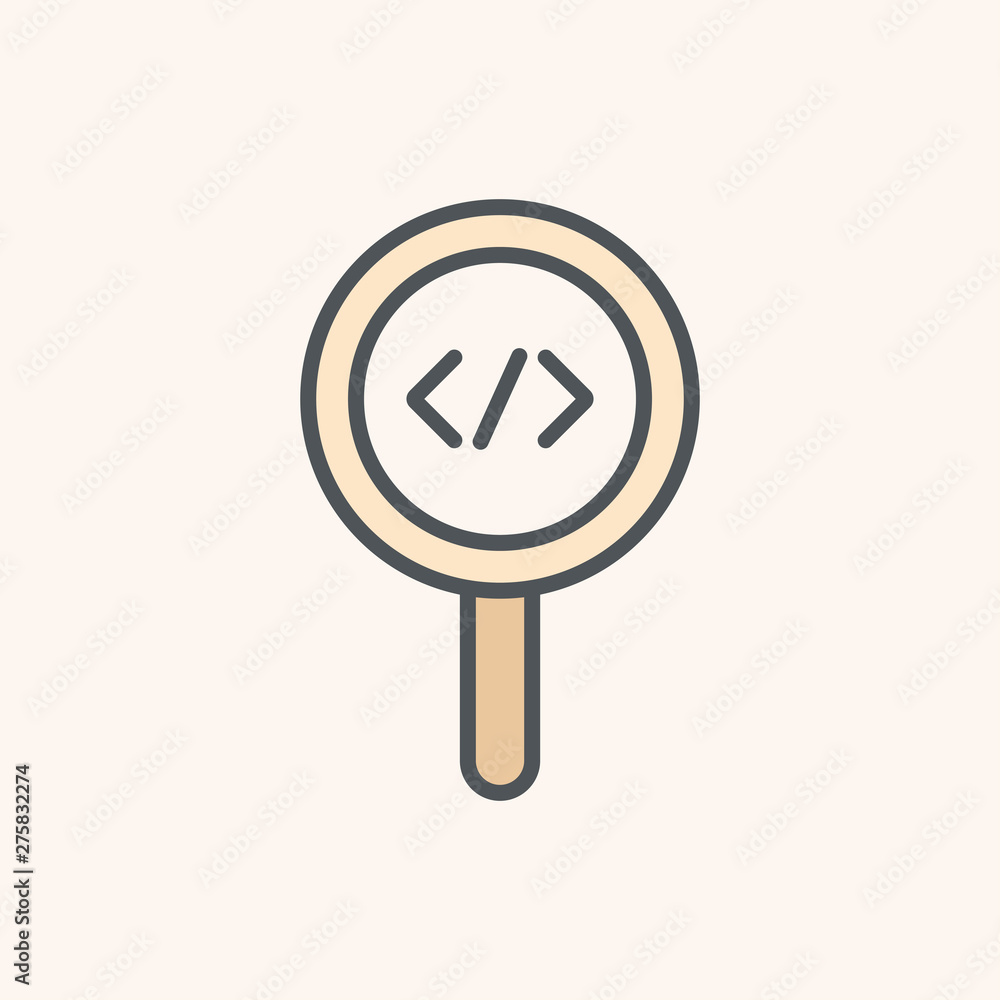 Code review, inspect element concepts. Magnifying glass with code brackets symbol. Modern flat style design. Vector icon Code review, inspect element concepts. Magnifying glass with code brackets symbol. Modern flat style design. Vector icon
