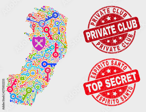 Secure Espirito Santo State map and seal stamps. Red rounded Top Secret and Private Club distress seal stamps. Colorful Espirito Santo State map mosaic of different access symbols.
