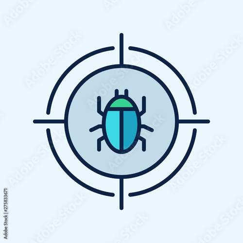 Malware bug in target vector icon. Network Vulnerability - Virus, Malware, Ransomware, Fraud, Spam, Phishing, Email Scam, Hacker Attack - IT Security Concept Design, Vector illustration