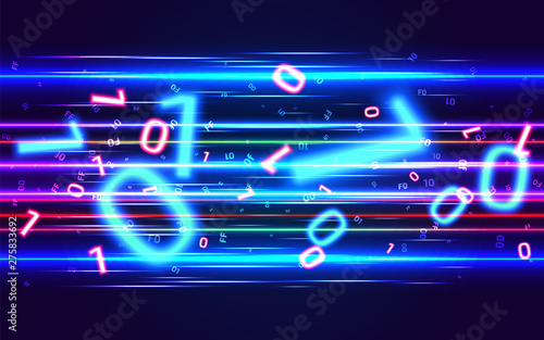 Binary data transfer process. Big data stream. Information technology abstract neon background. High-speed data processing. Digital technology backdrop. Vector illustration