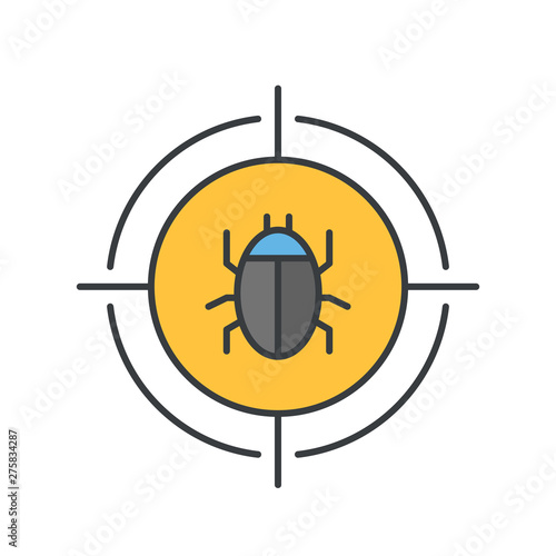 Malware bug in target vector icon. Network Vulnerability - Virus, Malware, Ransomware, Fraud, Spam, Phishing, Email Scam, Hacker Attack - IT Security Concept Design, Vector illustration