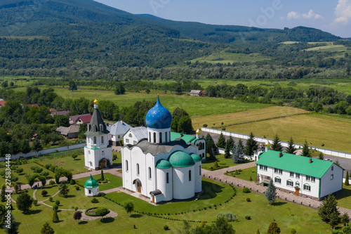 Monastery of saint Kirill & Mefodiy. Buildings of Holy Trinity Cyril and Methodius convent in Drachyno village in Svaliava, Ukraine. Aerial drone photo. photo