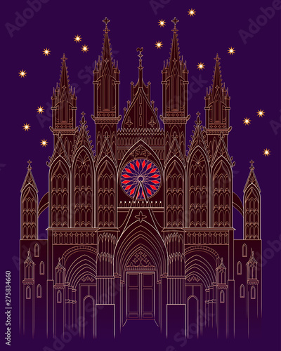 Illustration of a fantasy medieval Gothic castle at night time. Cover for kids fairy tale book. Poster for travel company. Imaginary fairyland landscape. Modern print. Vector cartoon image.