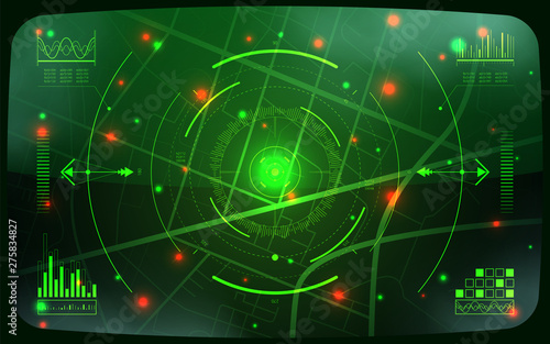 UI Screen geolocation information and data collection. Spyware Surveillance Application Interface. Gps data on the position of the targets. Satellite surveillance system. Vector illustration
