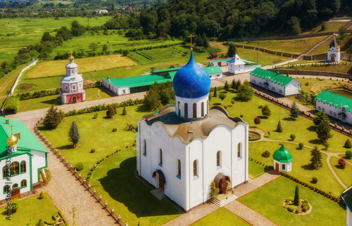 Monastery of saint Kirill & Mefodiy. Buildings of Holy Trinity Cyril and Methodius convent in Drachyno village in Svaliava, Ukraine. Aerial drone photo.