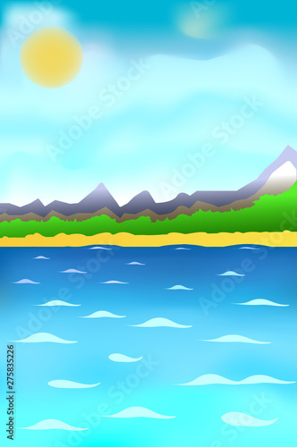 Mountains, forest and beach on the shores of the blue sea and against the backdrop of a sunny sky. Vector landscape