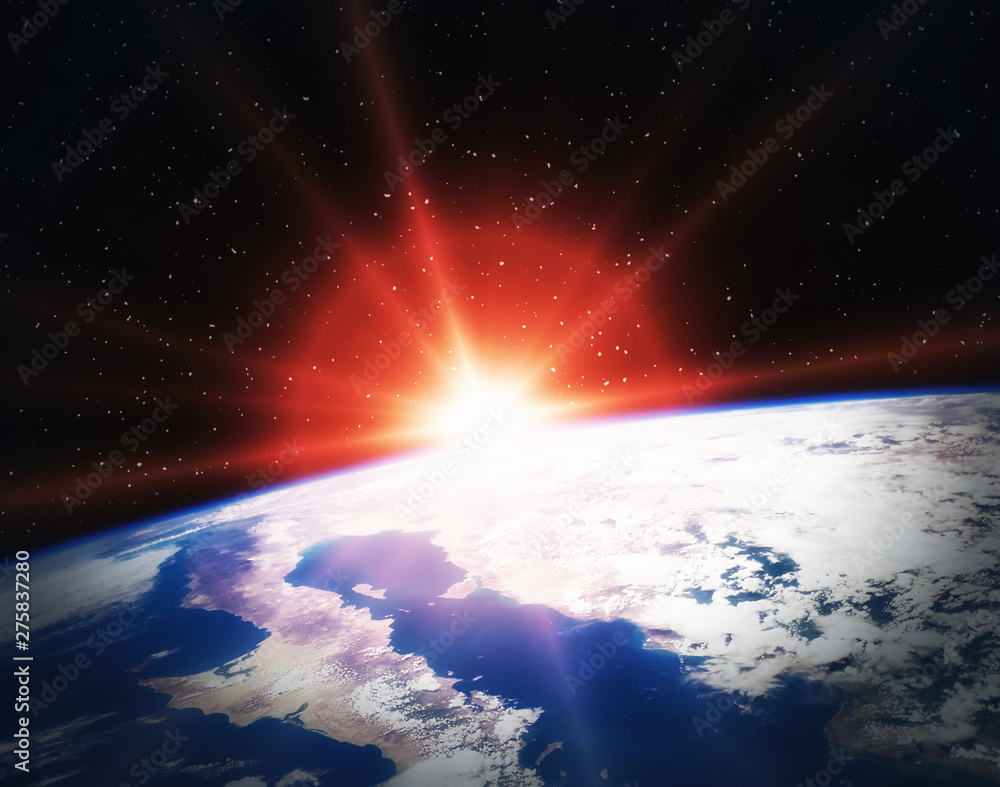 Fototapeta premium Epic sunrise from space. The elements of this image furnished by NASA.