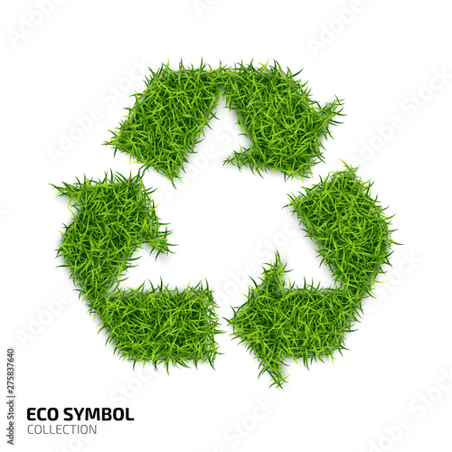 Recycle icon from green grass isolated on white background. Recycling of garbage icon with the green lawn texture. Ecology symbol collection. Vector illustration