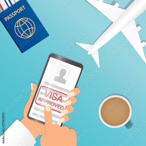 Hand holding black smartphone and finger touch on visa approved blank or work permit, screen on blue background. Human using mobile phone, Vector illustration flat cartoon design concept. Passport and