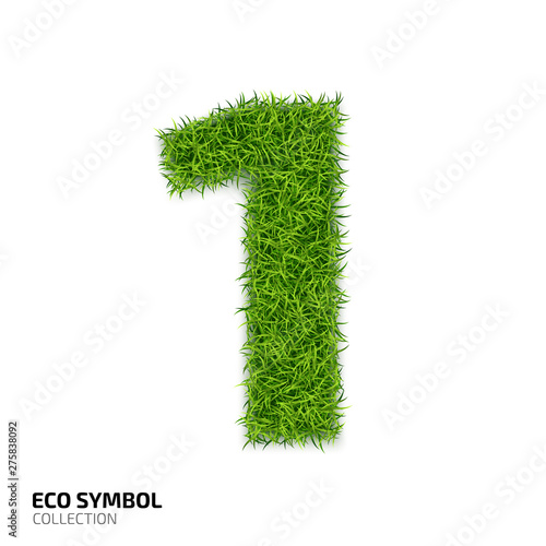 Grass number One isolated on white background. Symbol 1 with the green lawn texture. Eco symbol collection. Vector illustration