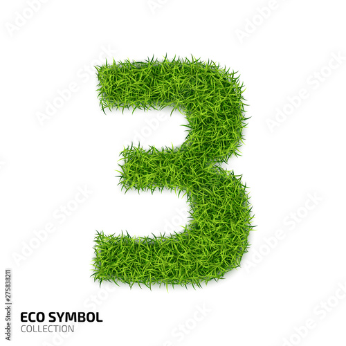 Grass number Three isolated on white background. Symbol 3 with the green lawn texture. Eco symbol collection. Vector illustration