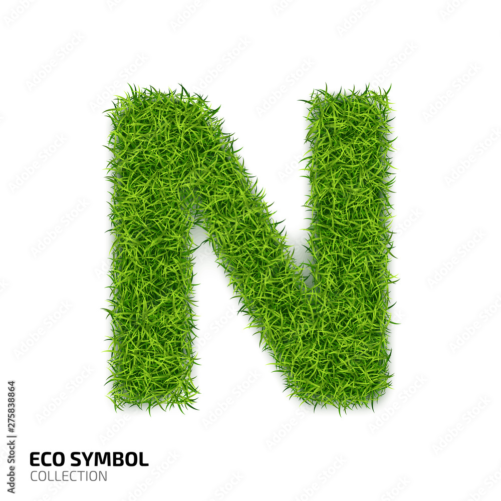 Letter of grass alphabet. Grass letter N isolated on white background. Symbol with the green lawn texture. Eco symbol collection. Vector illustration Letter of grass alphabet. Grass letter N isolated on white background. Symbol with the green lawn texture. Eco symbol collection. Vector illustration
