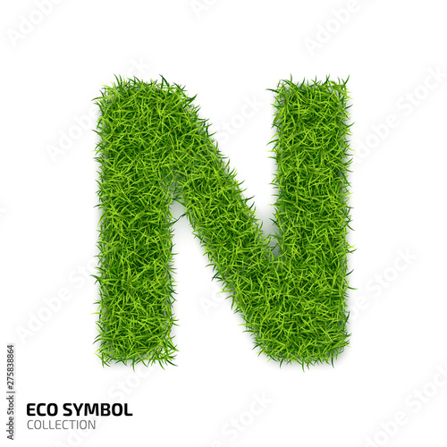 Letter of grass alphabet. Grass letter N isolated on white background. Symbol with the green lawn texture. Eco symbol collection. Vector illustration