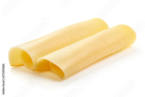 Traditional Dutch Gouda cheese slices, close-up, isolated on white background