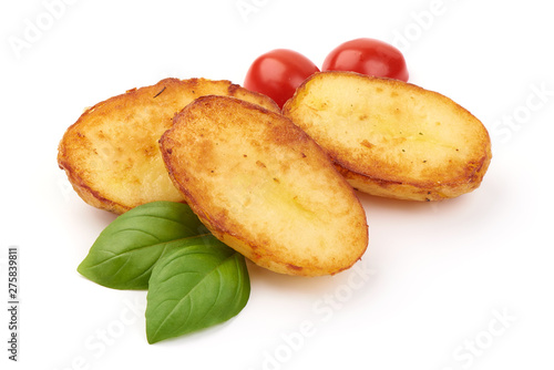 Baked halves of Potatoes, close-up, isolated on white background