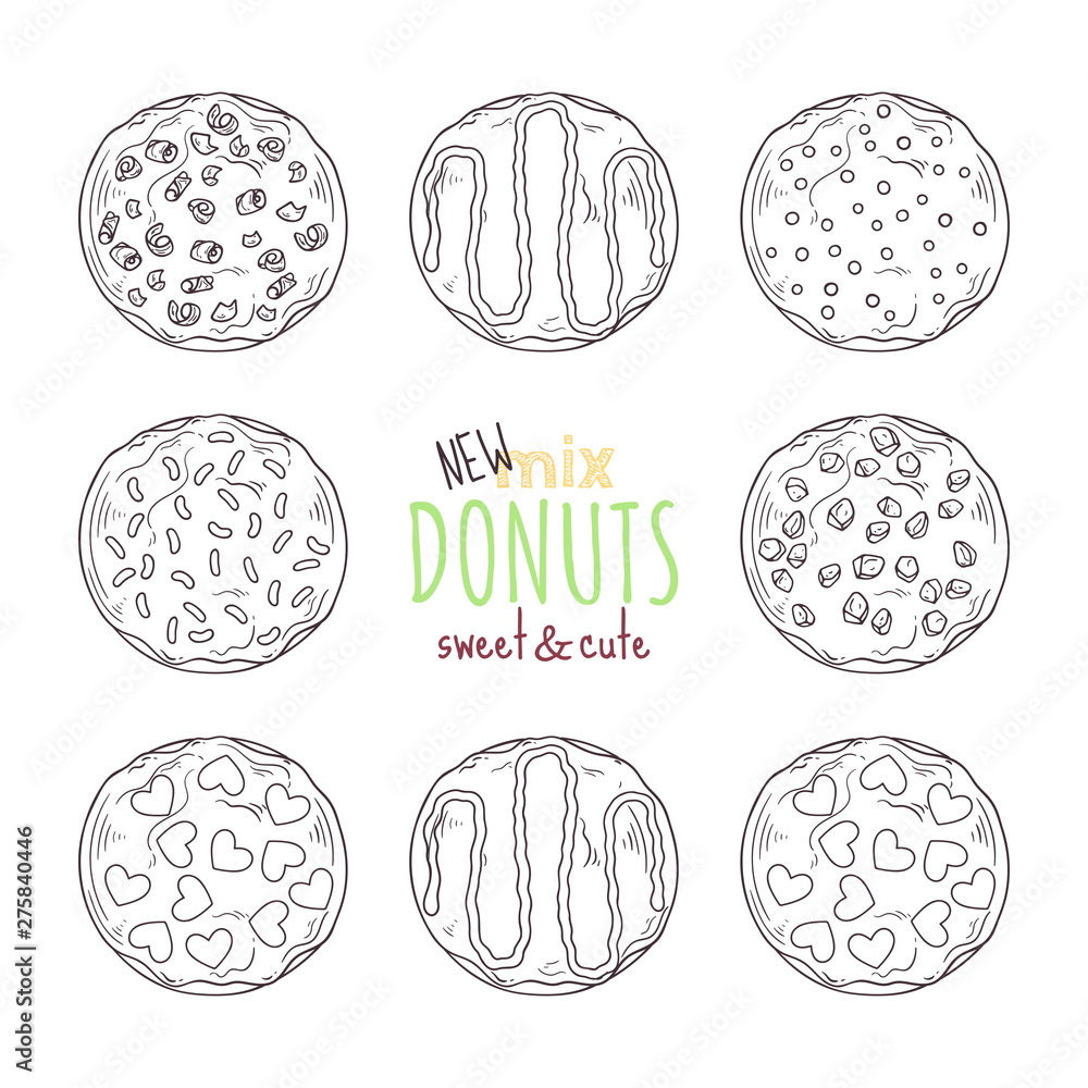 Big vector set of glazed donuts decorated with toppings, chocolate, nuts. Big vector set of glazed donuts decorated with toppings, chocolate, nuts.
