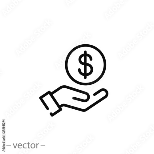 save money icon, salary money, invest finance, hand holding dollar, line symbols on white background - editable stroke vector illustration eps10 photo