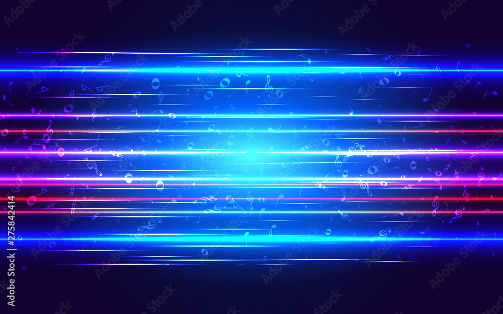 Fototapeta Electronic music abstract background. Musical notes on the background of the motion of neon strips and lines. Audio data array transfer. Digital Music Cover design. Vector illustration