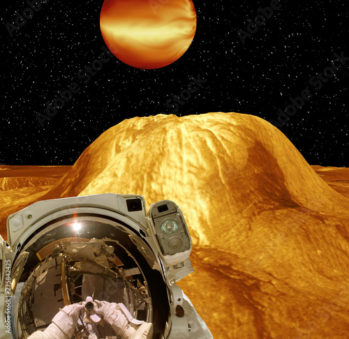 Astronaut posing on extrasolar planet. Earth on the background. The elements of this image furnished by NASA. photo