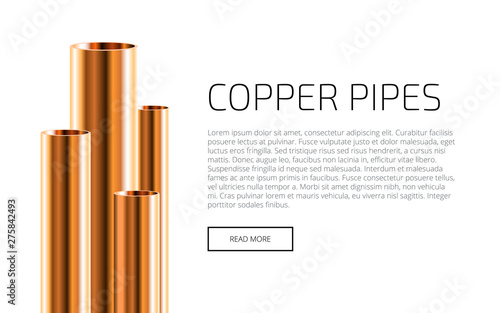 Copper or Bronze pipes of different diameters isolated on white background. Industrial web Presentation Template. Glossy 3d Copper Tubes design. Vector illustration.