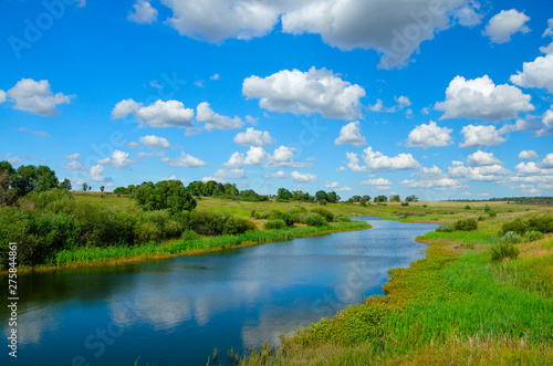 Sunny summer landscape with river and fields